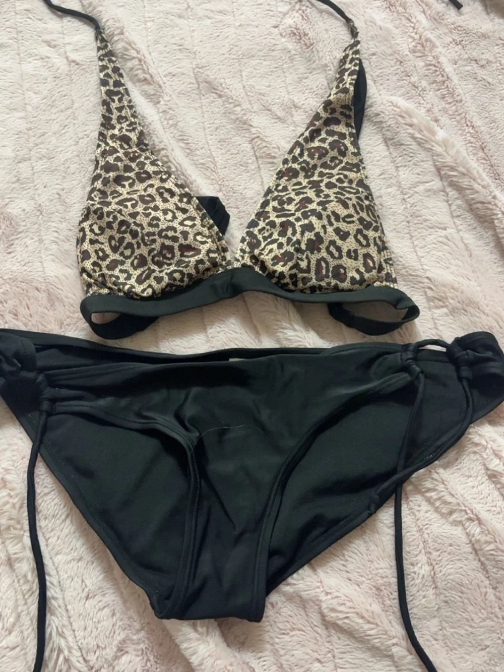 Leopard Print Triangle Bikini Top with Black Tie-Side Bottoms